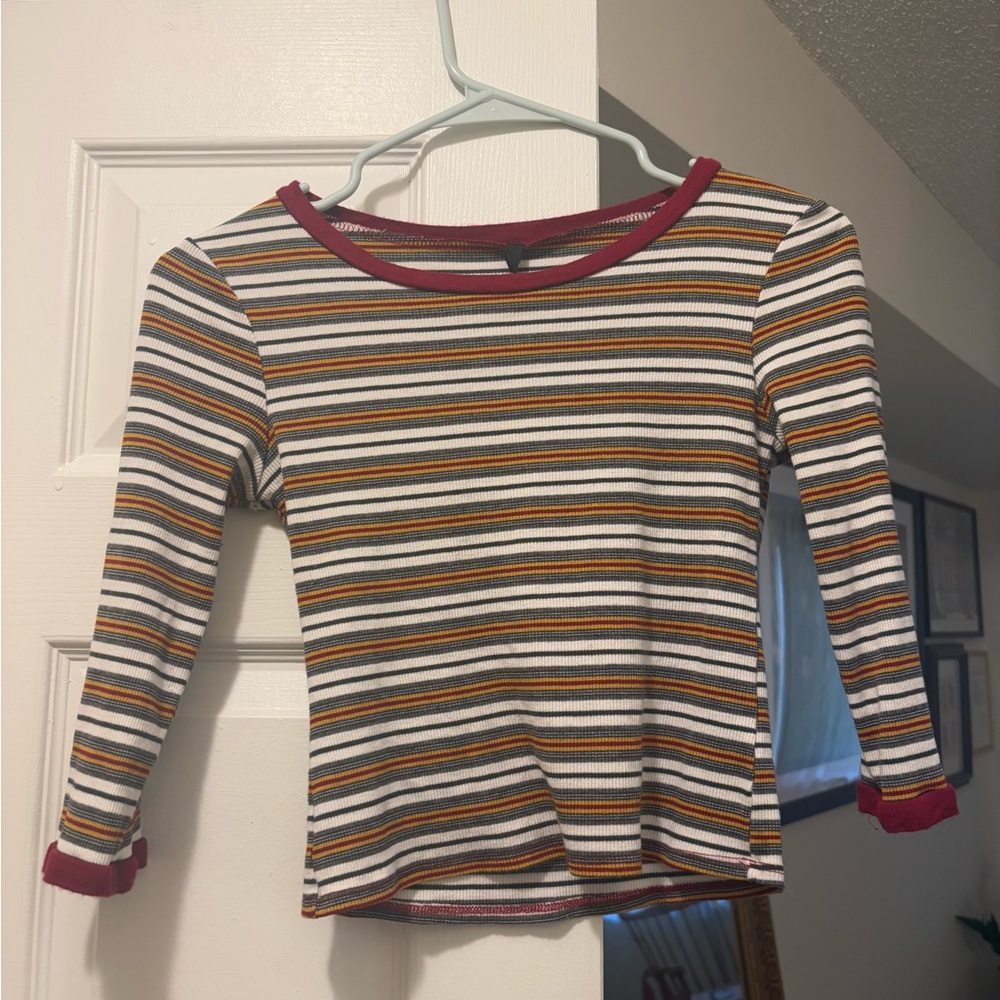 Red and Orange Long Sleeve Tee with Horizontal Stripes